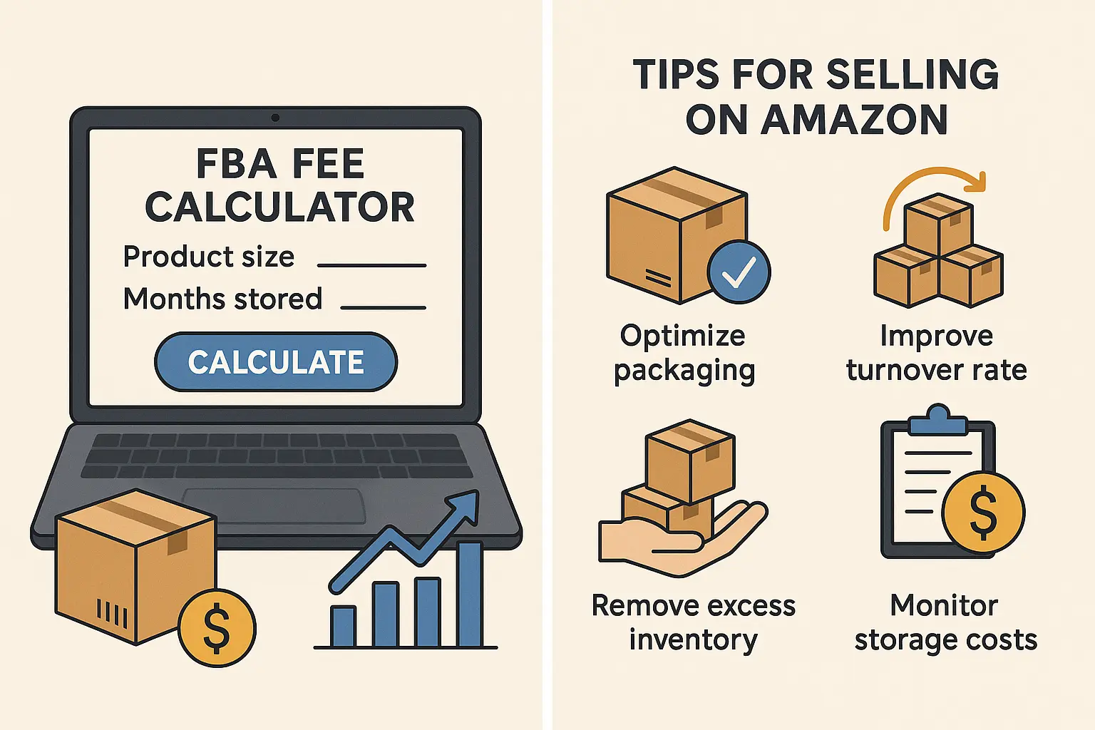 FBA Storage Fees Calculator and Tips for Selling on Amazon - Optimize packaging, improve turnover rate, remove excess inventory, monitor storage costs