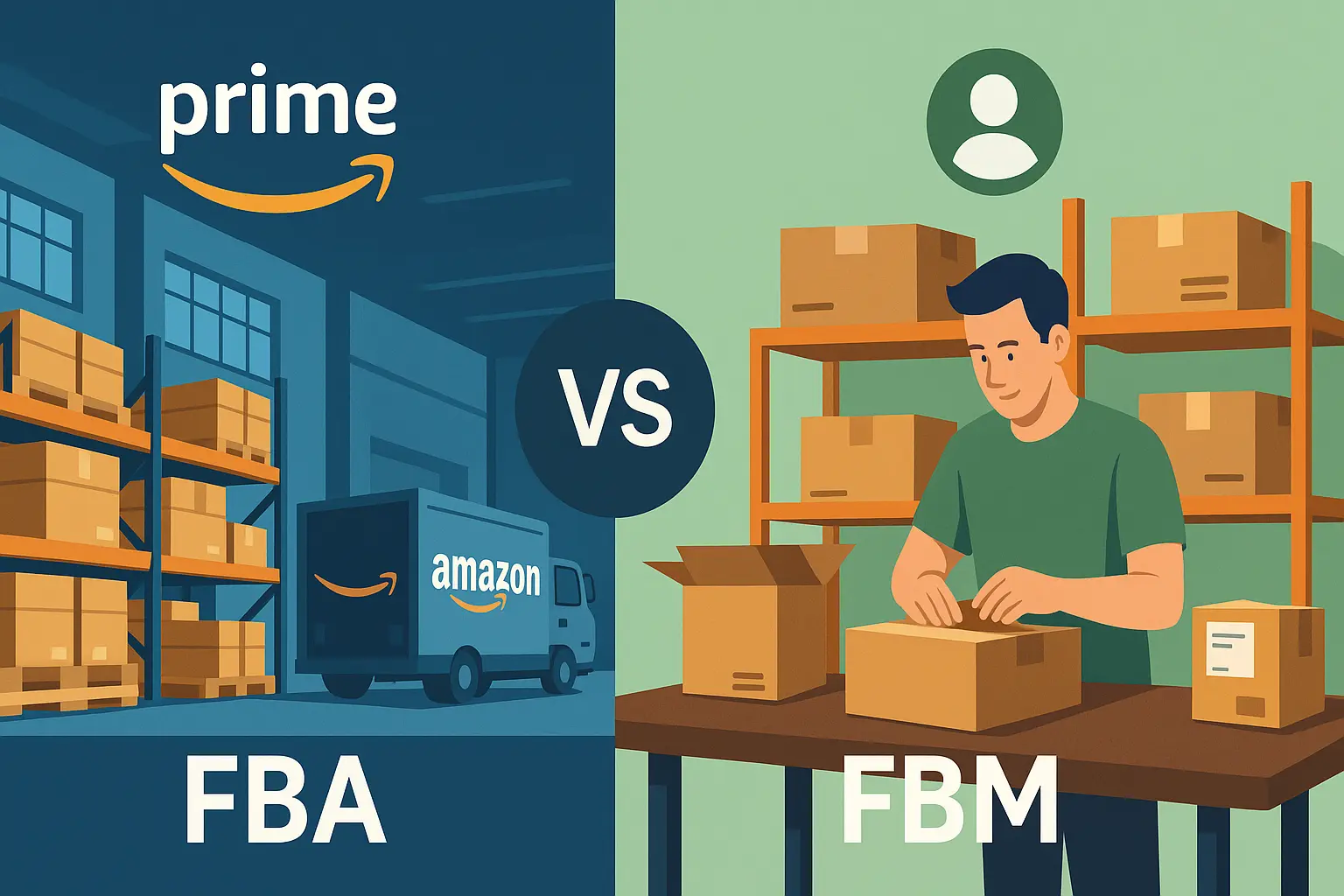 FBA vs FBM comparison showing Amazon fulfillment center and merchant warehouse side by side