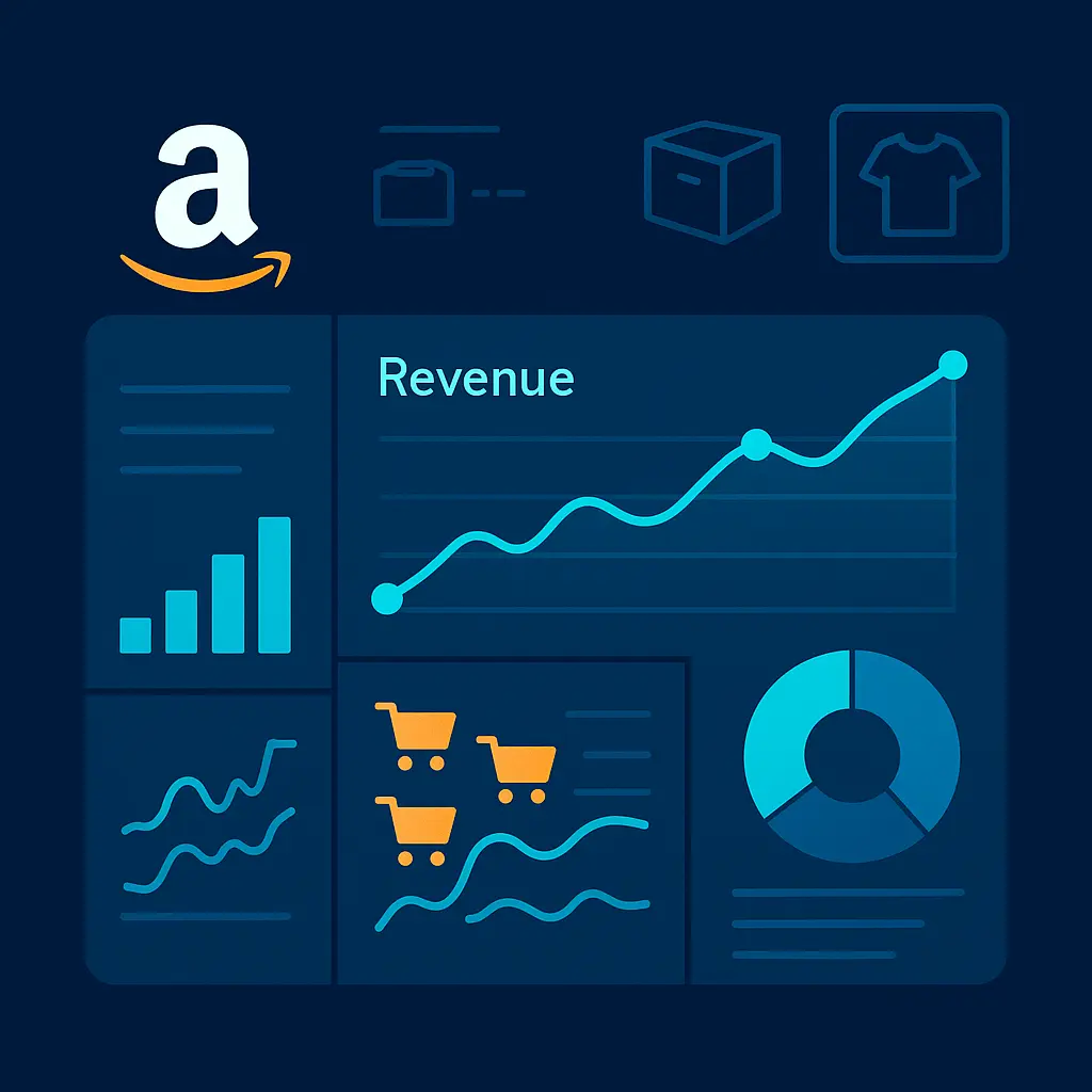 Amazon analytics dashboard showing revenue growth, product data, and performance metrics for sellers comparing Helium 10 alternatives